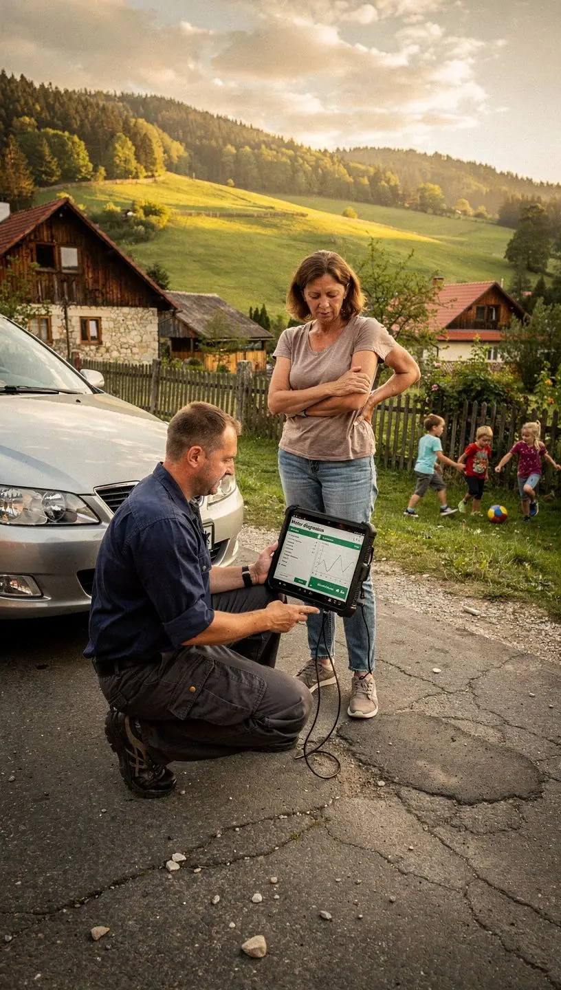 Mechanik v pracovnom odeve konzultuje so zákazníkom správu o poruche a predkladá orientačný rozpočet na opravu.
