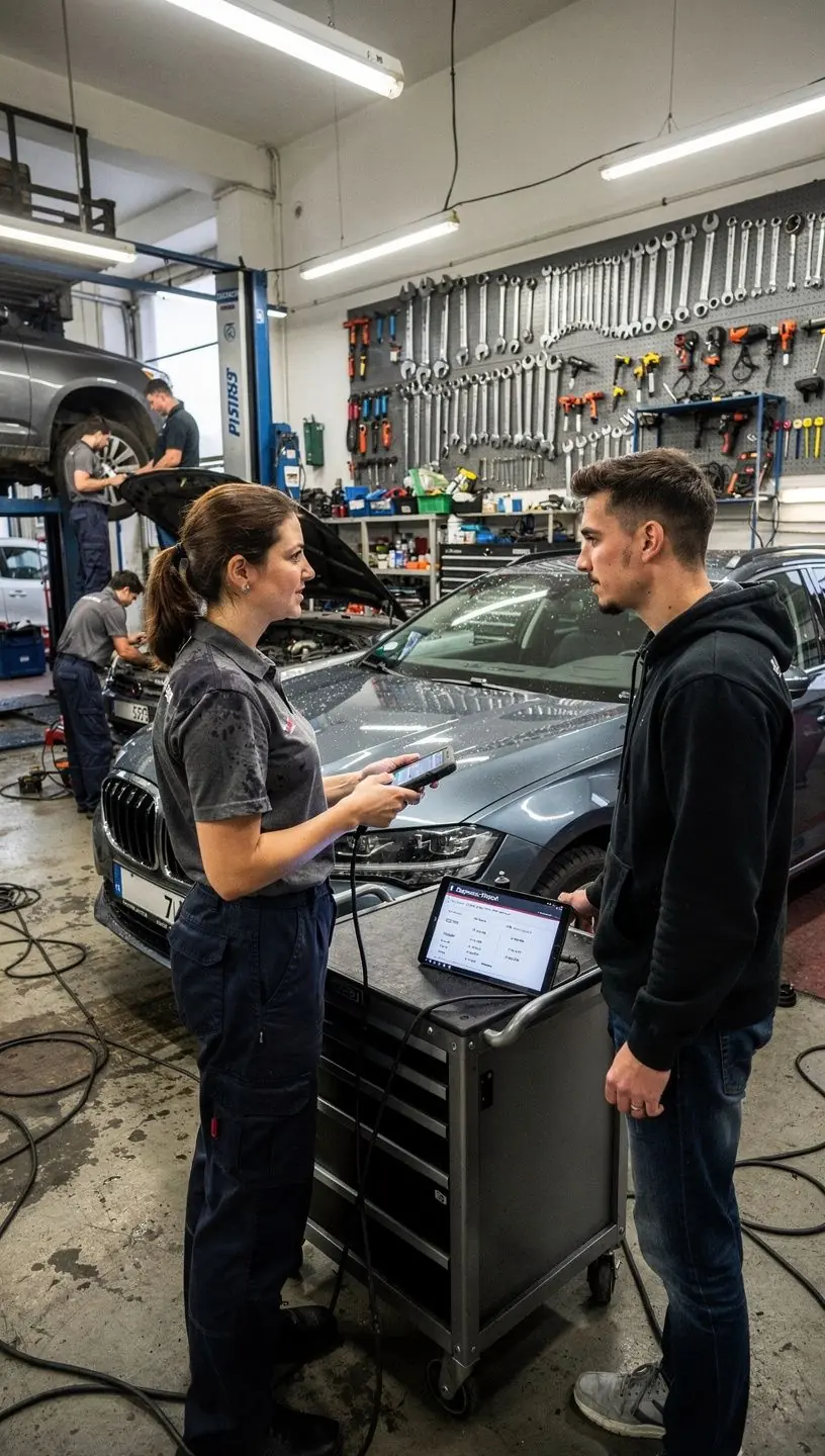 Záber na modernú autoservisnú dielňu so zariadeniami na opravu a údržbu áut v prostredí Slovenska.